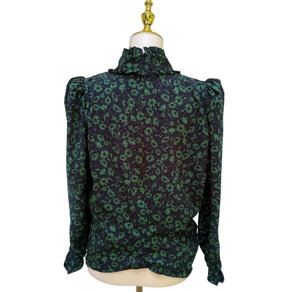 Zara Floral High Neck Blouse XL Green Black Puff Sleeve Ruffle NWT Victorian - Picture 4 of 10
